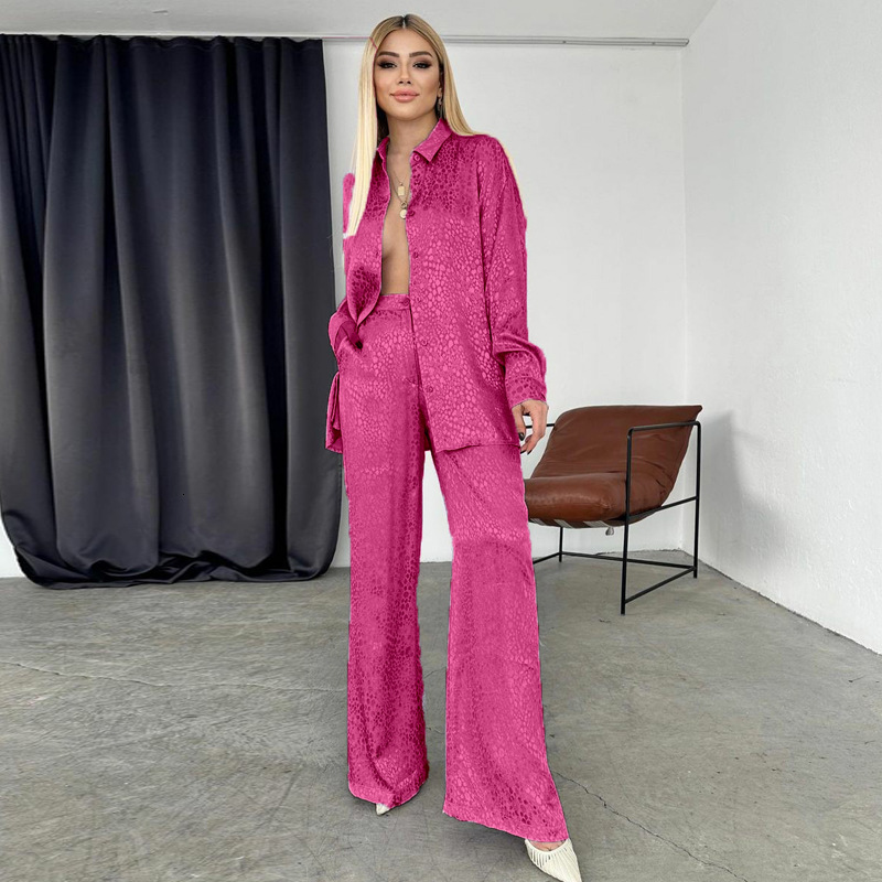 Set Of Women's Long Sleeved Lapel Shirt, Leopard Print Pants, Fashionable And Casual Two-Piece Set