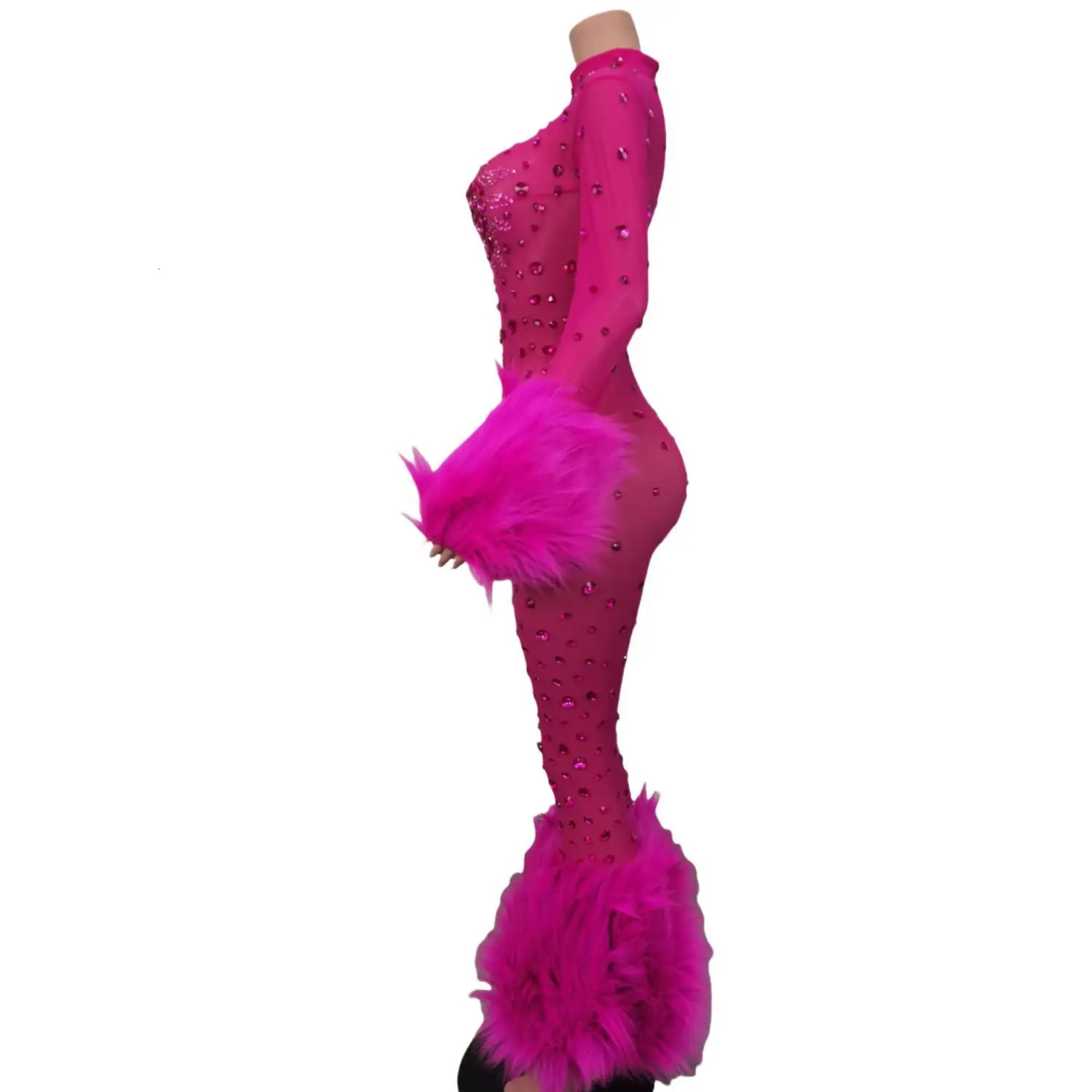 Women Sexy Mesh Bodycon Feathers Shinning Crystal Jumpsuits Nightclub Party Birthday Performance Costume Stage Wear Guibin 241121