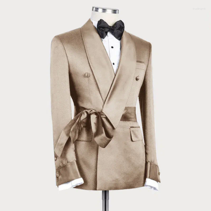 Men's Suits Fashion Shawl Lapel Men Jacket With Belt Elegant Solid Prom Party Banquet Coat Slim Formal Chic Groom Wedding Tuxedo Blazer