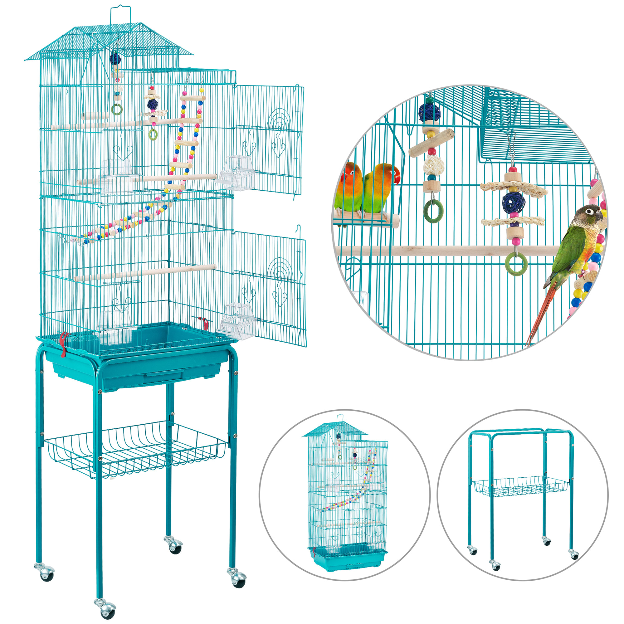 Topeakmart Teal Blue Metal Bird Cage with Ladder Toy and Rolling Detachable Stand, 62.4" H