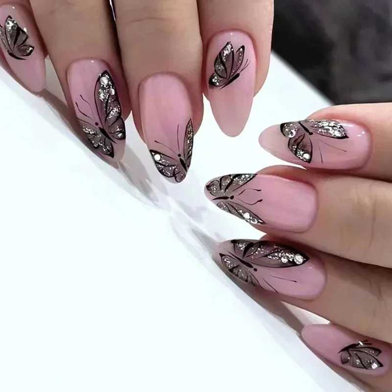 24 pieces of nude French fake nails white edges almond fake nail art fully covered detachable waterproof artificially pressed on nailsW241125