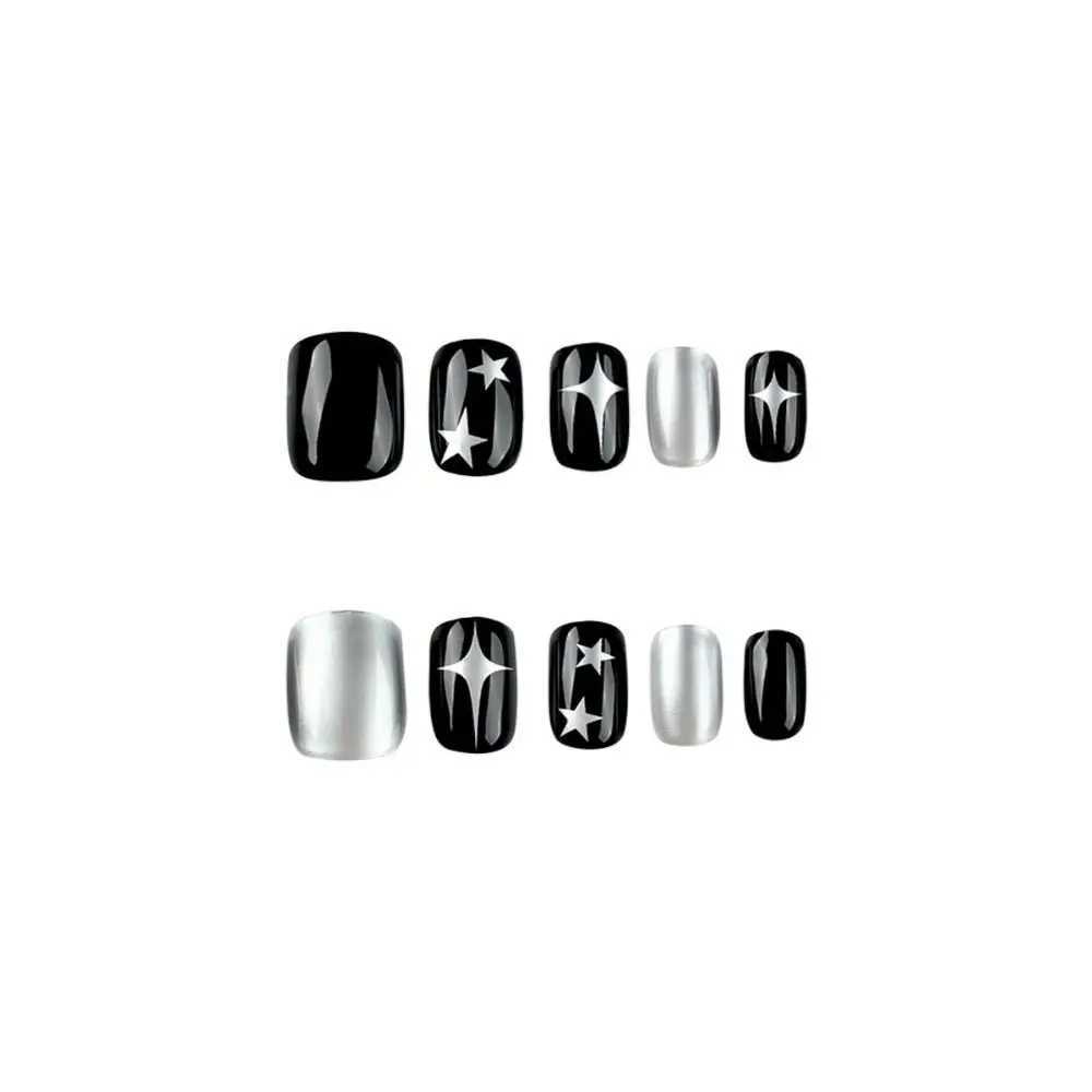 24 pieces of black short circular fake nails with Y2K silver star design French fake nails with full cover detachable nail tip press nailW241125