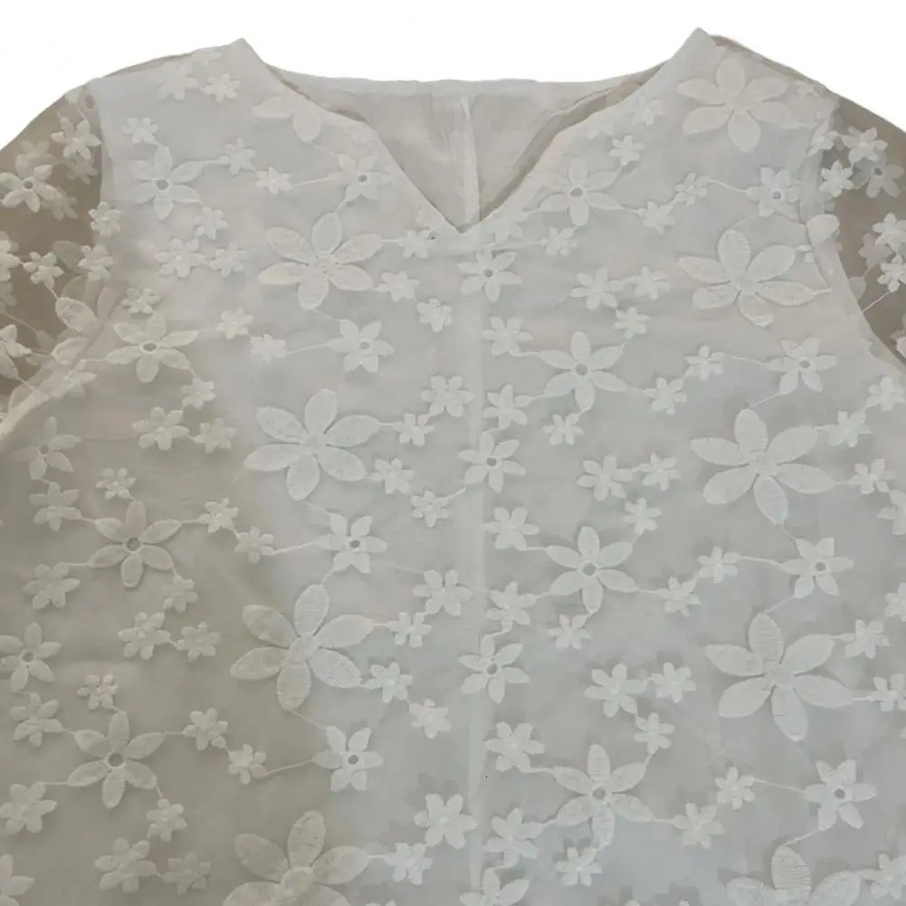 Female Beach Dress V Neck Half Sleeves Flower Embroidery Pullover Elegant Casual Wear White Color Women Summer Loose Midi 240422