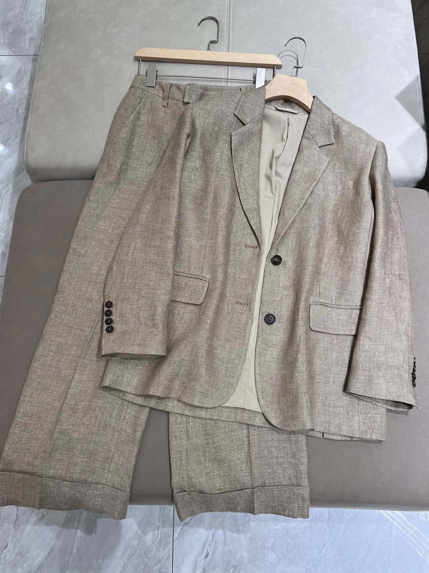 Spring BC Womens Pants Suit Linen Blazer Jacket Vest High Waist Wide Leg Trousers 3 Piece Set Female Clothing 240423
