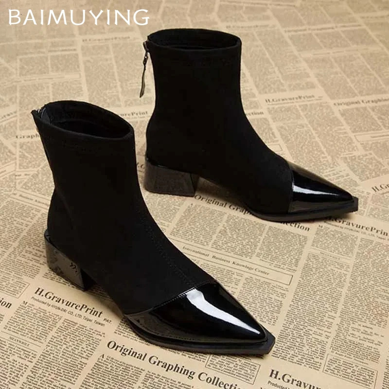 Ankle Boots Women Chunky Mid Heels Suede Shoes Woman Pointed Toe 2024 Trend Winter Goth Walking Snow Chelsea Botas De Mujer 241125