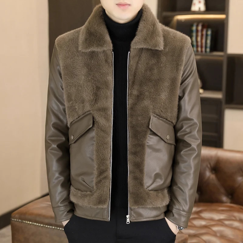 Autumn Winter Leather Fur Integrated Jackets Men Korean Casual Business Overcoat Thickened Warm Faux Fur Social Windproof Coats 241125