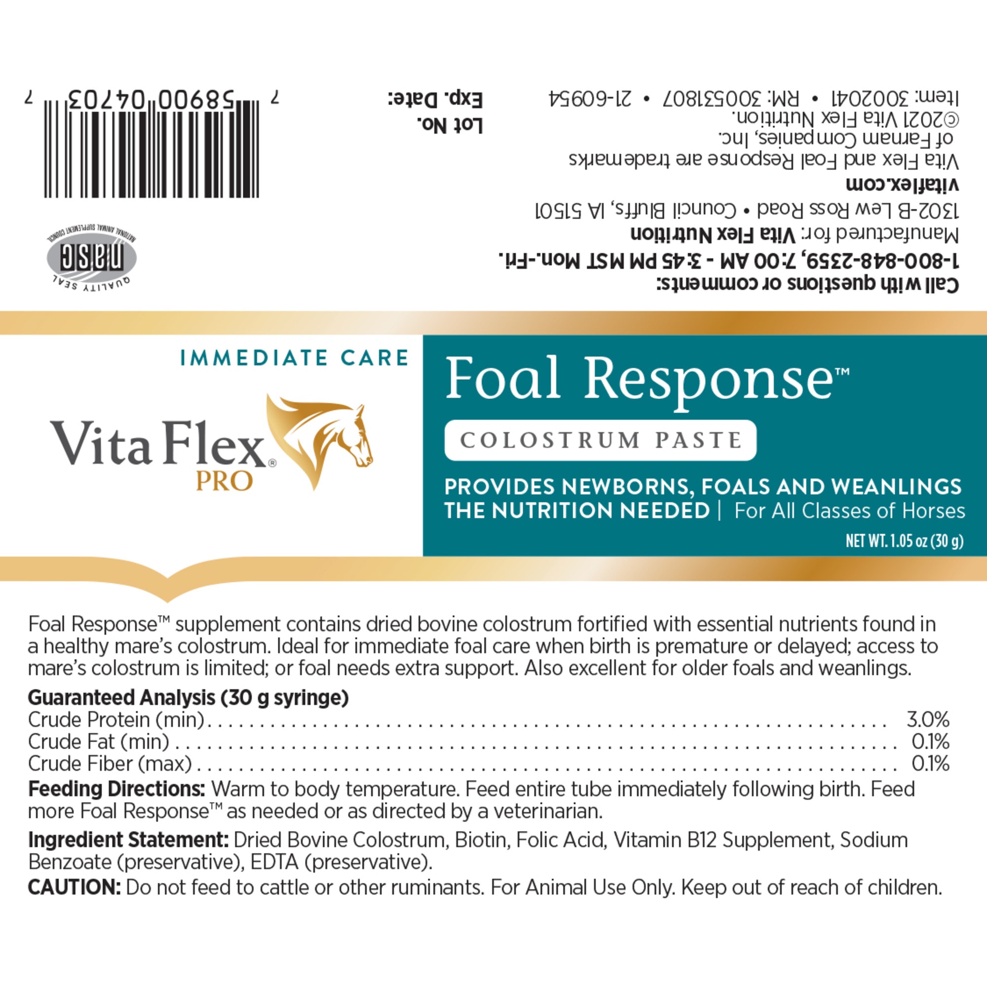 Vita Flex Foal Response Immediate Care Colostrum Paste Horses Supplement, 1.05 oz.
