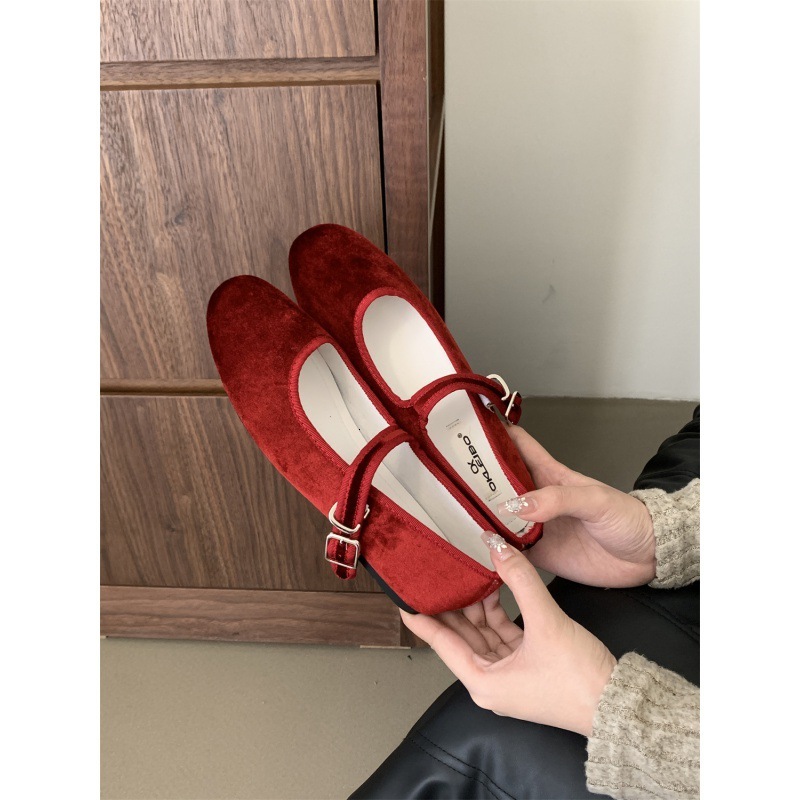 2024 spring new item Sis velvet gentle Mary Jane grandma shoes shallow mouth slimming sugar flat sole shoes for women