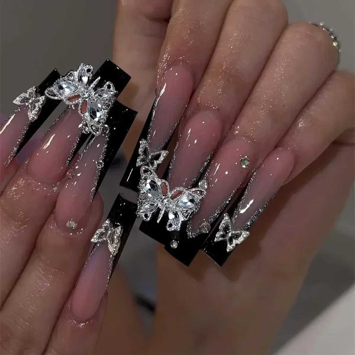 Luxury 24 Pieces Long Coffin Glue Wearable Brown Fake With Rhinestones Ballet Pressed Nails Full Set maquillaje Of Nail Tips H260209