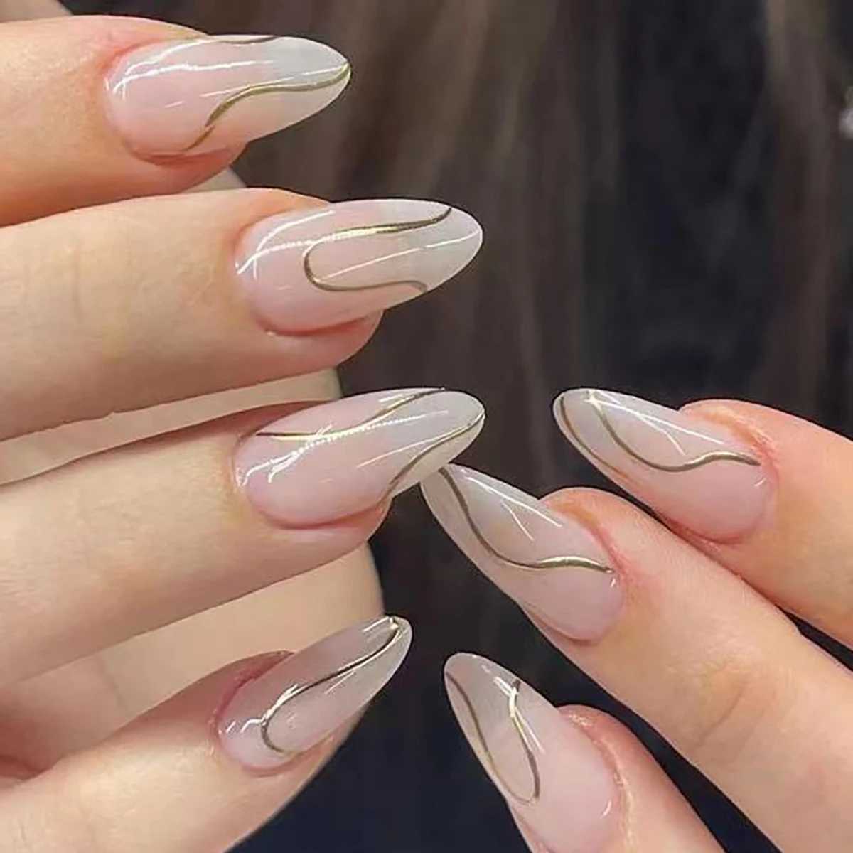 24 pieces of almond shaped irregular gold thread pattern fake nails 1 piece of nail file and 1 piece of jelly glueW241125