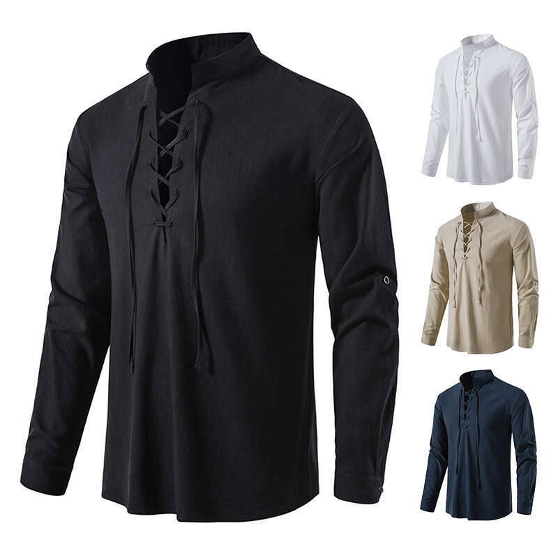 Spring Summer New Men's Cotton And En Henry Shirt Foreign Trade European Size Long Sleeved Casual Stand Collar Ing B2