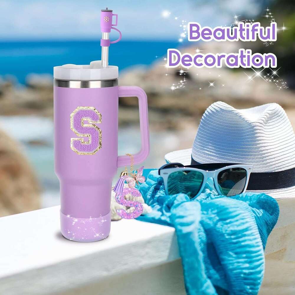 Purple 6-Piece Silicone Stanley Cup Accessories with Butterfly Glitter Letter Charms, Cup Sleeve, Letter Decals, and Straw Cap