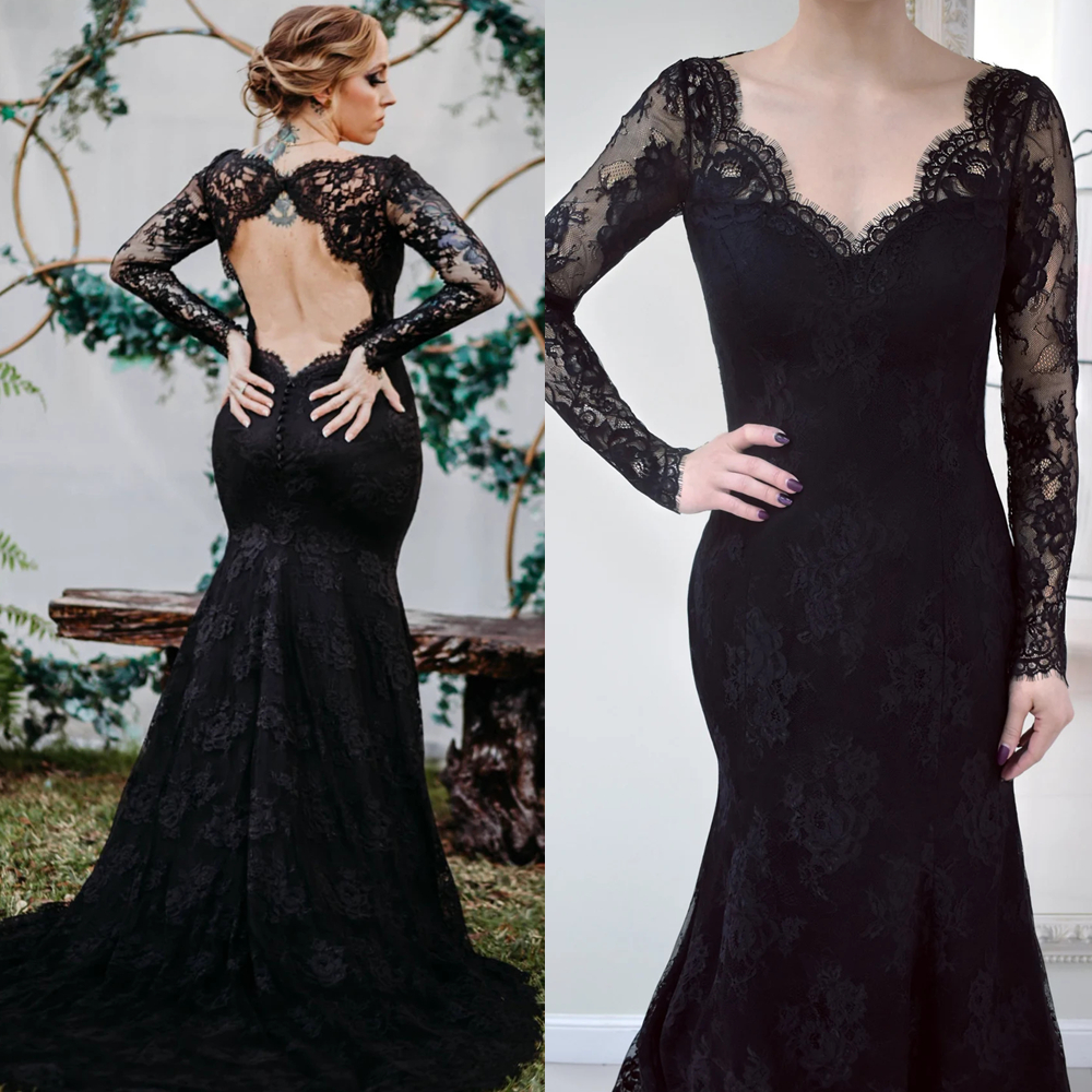 Vintage Black Lace Mermaid Wedding Dresses Backless Long Sleeves Gothic Bridal Gowns Court Train Country Style Robe De Mariee 2025