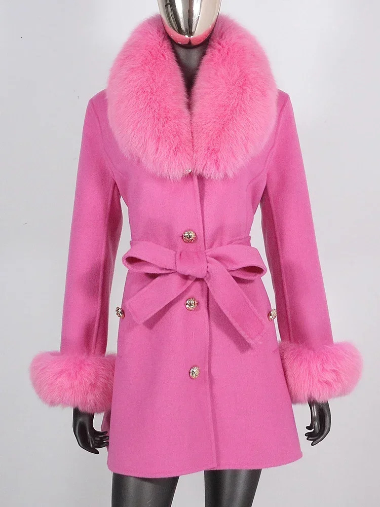Real Fur Coat Natural Collar 2024 Winter Jacket Women Cuffs Belt Cashmere Wool Woolen Outerwear Fashion Streetwear 241120