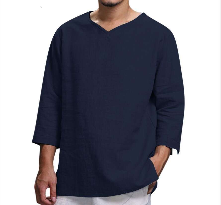 Autumn New Trade Men's Top Long Sleeved V-Neck Cotton En Loose Ing B2