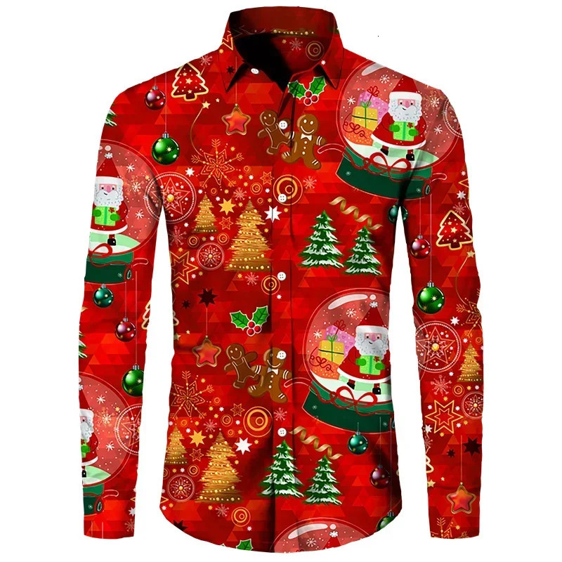 Mens Christmas long sleeved shirt with lapel buttons autumn style Christmas 3D printed mens casual party holiday top 241125