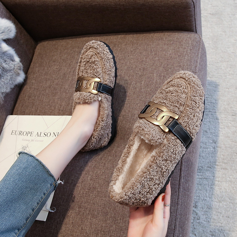 2023 Flats Brand Chain c72fa Women Wool Fur Winter Cotton Loafers Big Size 34-43 Warm Plush Mocasines Mink Hair Boat Shoes Femme