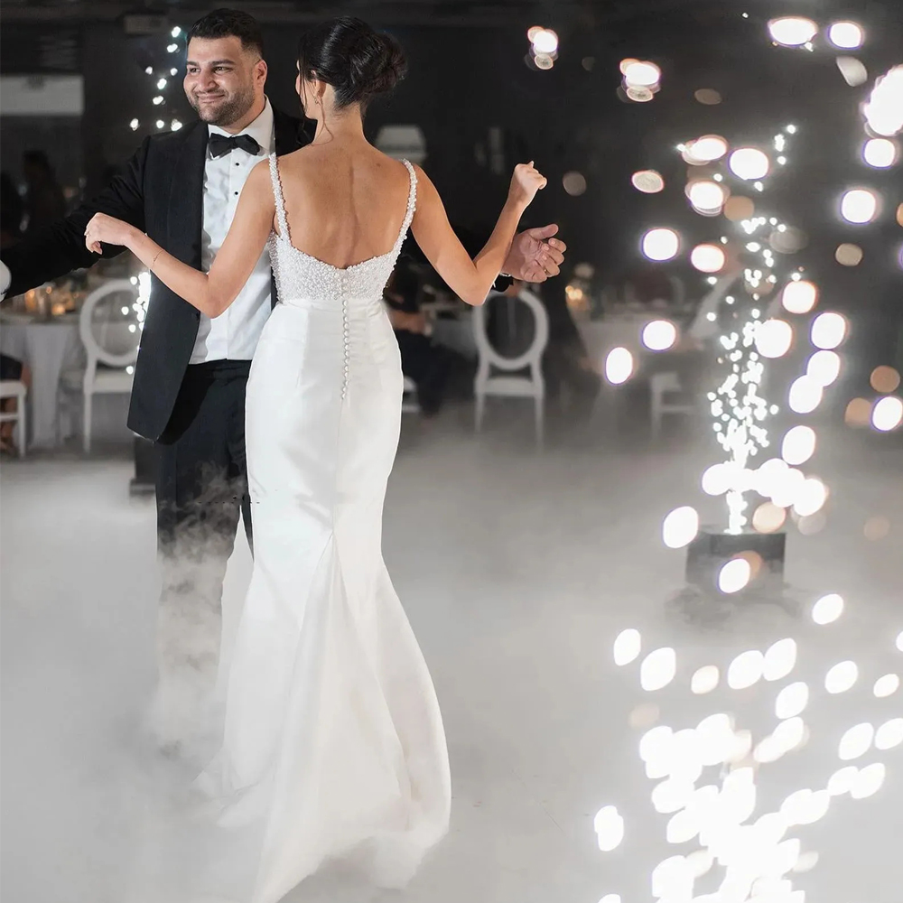 Fabulous Pearls Mermaid Wedding Dresses Spaghetti Strap Satin Bridal Gown with Detachable Train Sequin Beaded Vestidos De Novia