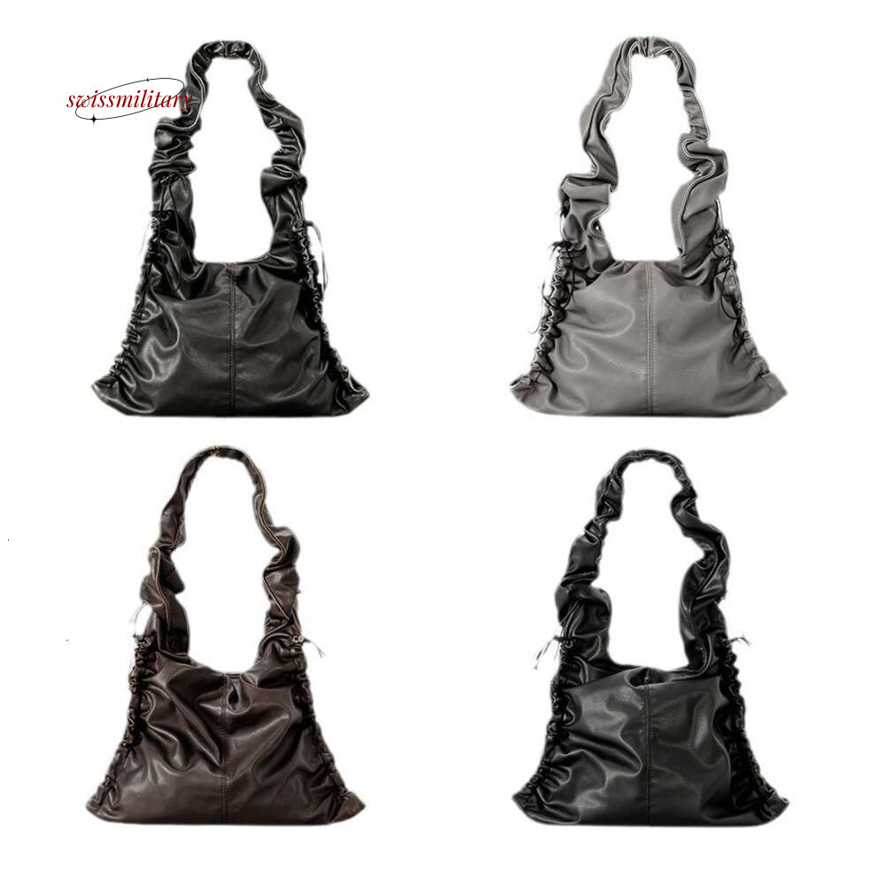 Vintage Ruched Drawsting Women Shoulder Bags Casual Hobos Lady Handbags Pu Leather Underarm Bag Y2K Tote Purses 2024#79 swissmilitary