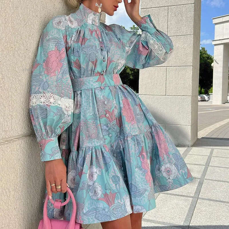 Chic Womens Designer Clothing Elegant High Neck Floral Print Swing Dress for Spring and Autumn AST180084