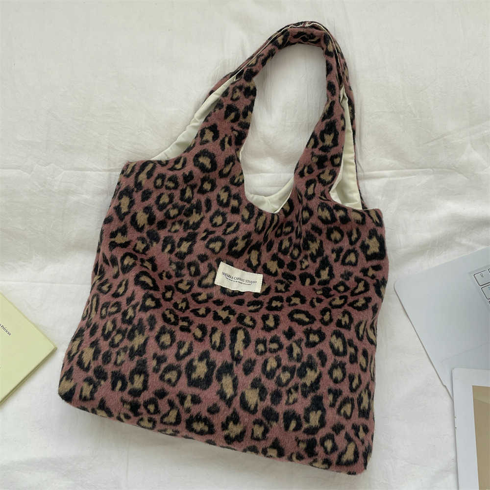Full Winter Korean Woolen Leopard Print Shoulder Bag Large Capacity Tote Bags Shopping Handbag Female Student Class Vest Bag 241125