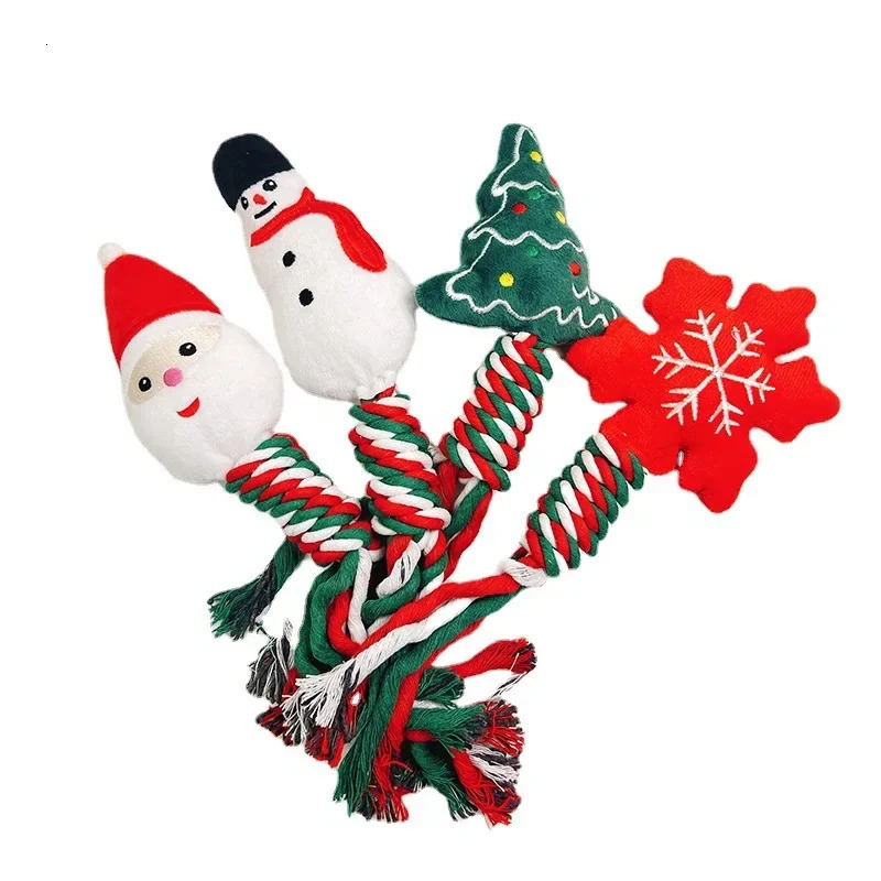 Christmas Pet Toys Dog Bite Resistant Teeth Grinding Cleaning Cotton Rope Dog Toys Christmas Pet Gifts Dog Accessories Puppy 241125