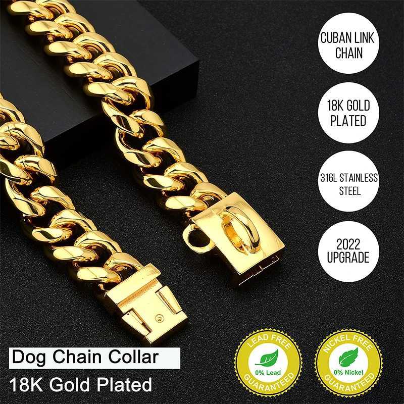 18K Gold Dog Collar Stainless Steel Cuban Chain 14mm Wide Metal Pet Necklace Used for Small Medium and Large Dog Collar Products X241125
