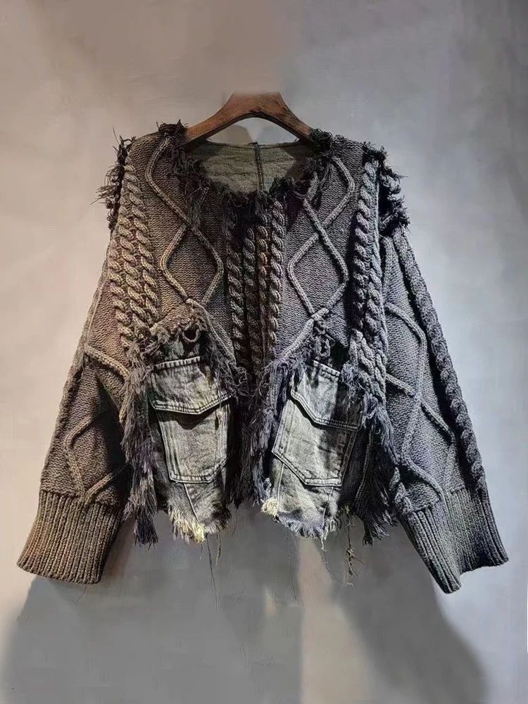 DEAT Womens Pullover Long Sleeve Irregular Do Old Patchwork Pockets Vintage Washed Denim Sweater Autumn Fashion 29L8195 241112