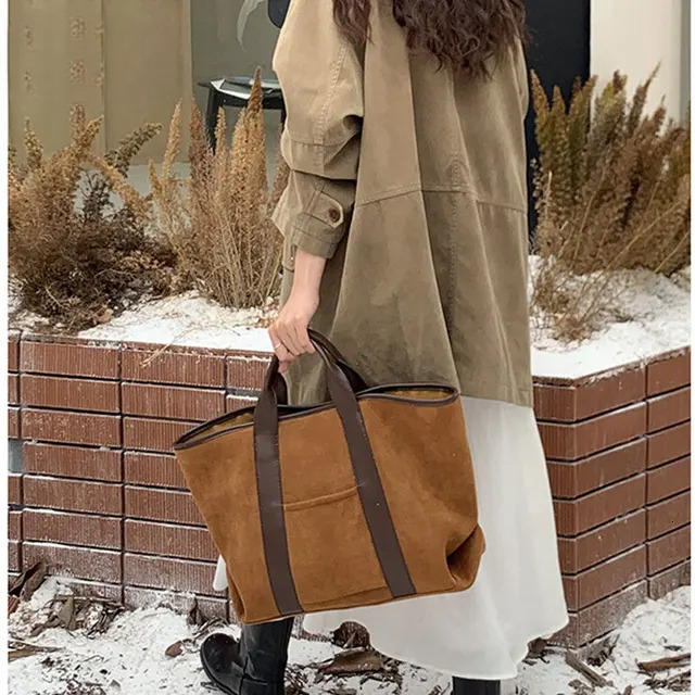 Suede Tote Bag For Women Vintage Designer Shoulder Bags Large Capacity Winter Handbag Commute Shopping Bolsos De Mujer