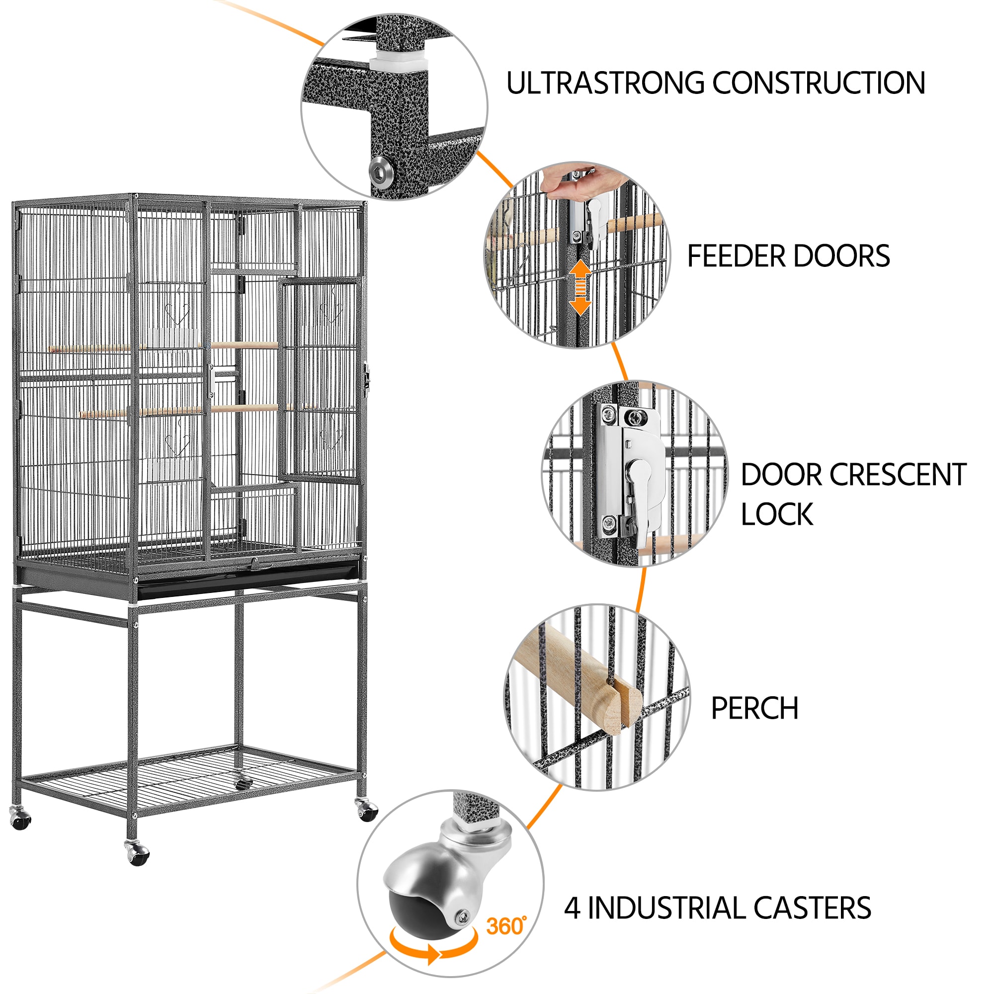 Topeakmart Hammered Black Metal Bird Cage with Rolling Detachable Stand, 53.5" H