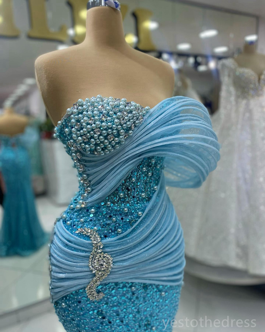 2024 Plus Size Blue Prom Dresses for Black Women Promdress Illusion Beaded Lace Pearls Rhies Decorated Birthday Party Dress Second Reception Gowns