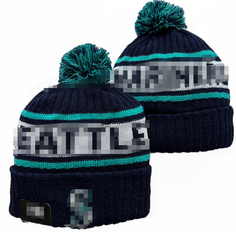 Men Knitted Cuffed Pom Mariners Beanies Bobble Hats Sport Knit Hat Striped Sideline Wool Warm BasEball Beanies Cap For Women a0