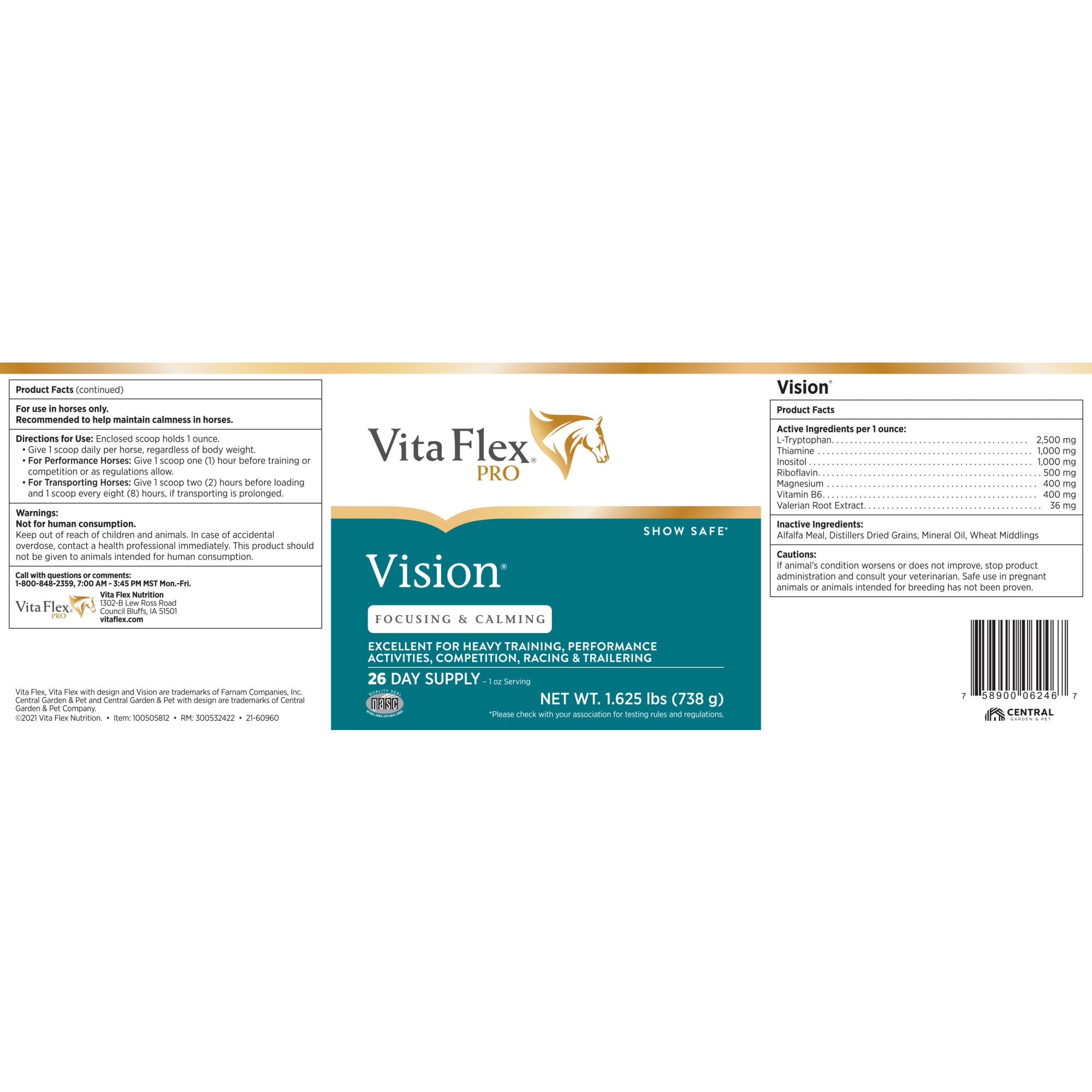 Vita Flex Vision Focusing and Calming Supplement for Horses, 1.625 lbs.
