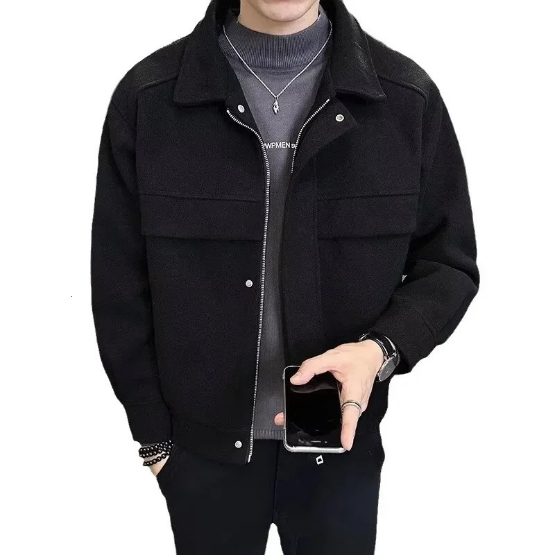 Mens Autumn Winter Highend Feeling Cropped Woolen Jacket Casual Style Loose Fit Sweater Coat 241112