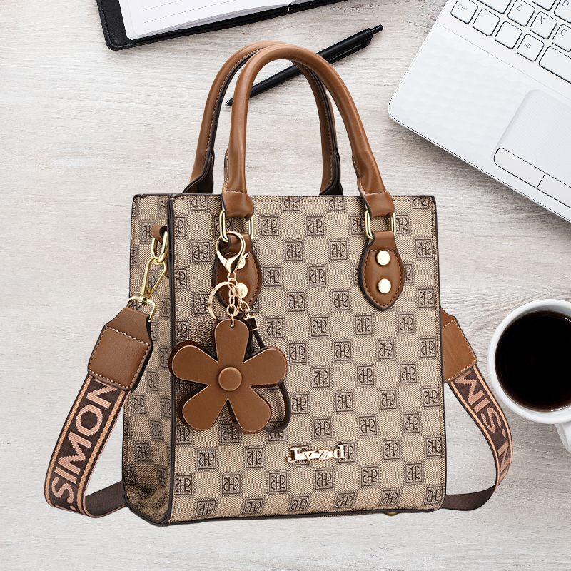 Wholesale womens shoulder bag sweet little fresh flower pendant fashion handbag this year's popular plaid retro tote bag trend color matching leather bag 770#