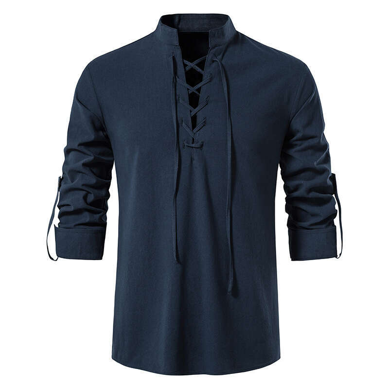 Spring Summer New Men's Cotton And En Henry Shirt Foreign Trade European Size Long Sleeved Casual Stand Collar Ing B2