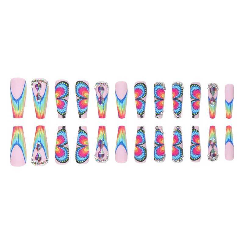 24 long coffins frosted rainbow French and colorful butterfly patterns fake nails a piece of jelly glueW241125