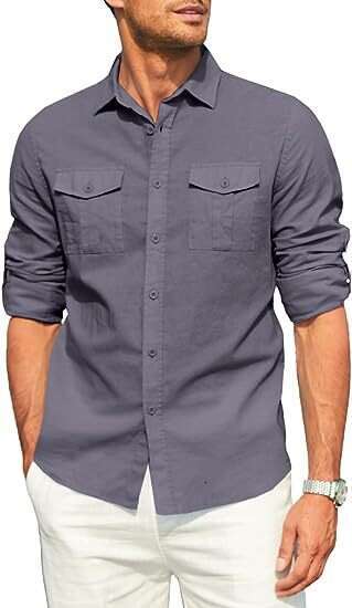 European American Men's Shirt With Double Pockets, Cotton And En Long Sleeves For Leisure Vacation B1