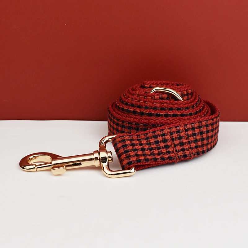 Newly arrived custom designer gray checkered soft cotton dog collar belt shoulder strap poop bag holder bow set grid 04 X241125
