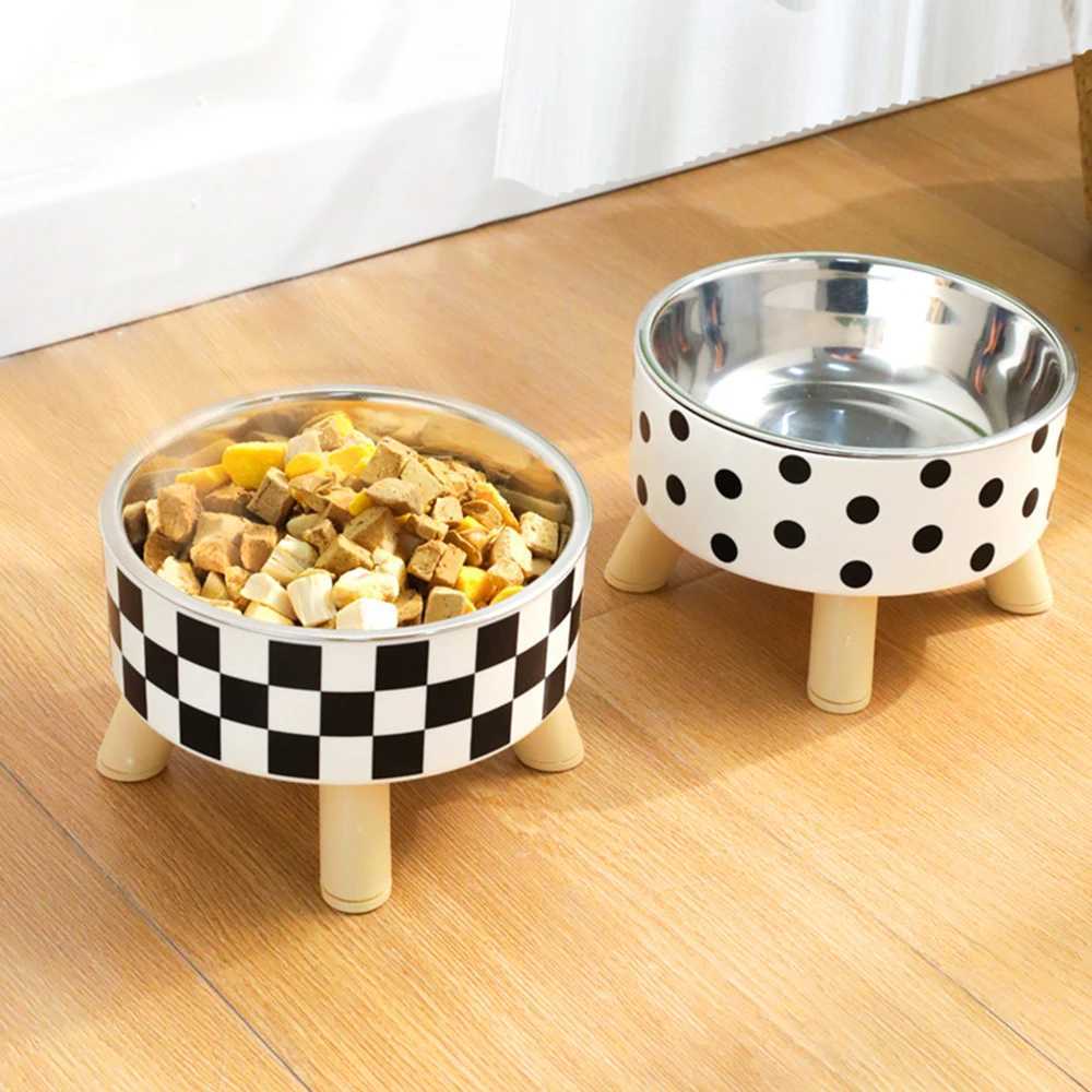 1PC Simple Polka-Dot Plaid Stainless Steel Pet High Bowl Easy To Clean Water Bowl Cat And Dog Feeding BowlXJ241125