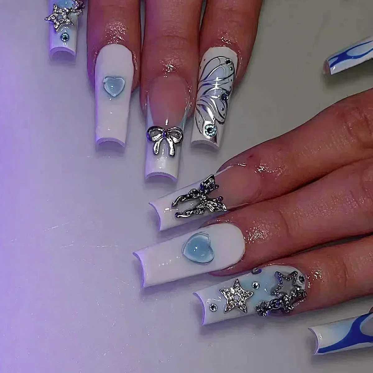 Luxury 24 Pieces Long Coffin Glue Wearable Brown Fake With Rhinestones Ballet Pressed Nails Full Set maquillaje Of Nail Tips H260209