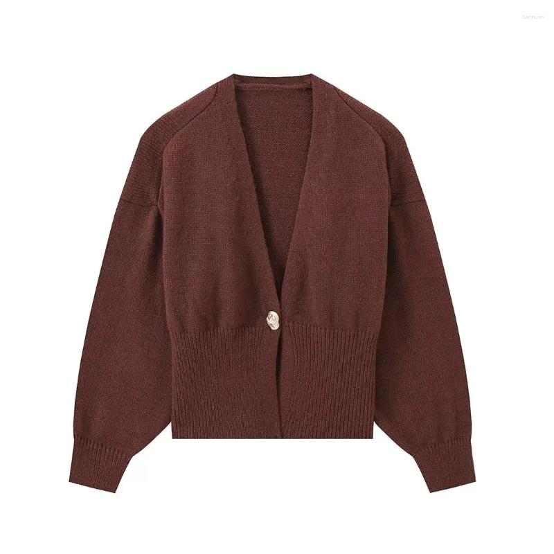 Women's Knits TRAFZA Women Autumn Single Button Deep V-Neck Knitted Cardigan Woman Elegant Long Sleeves Slim Casual Sweater High Street Coat