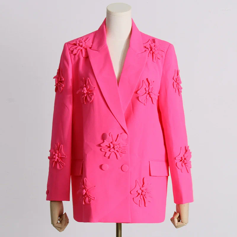 Work Dresses Barbiecore Pink Women Suits Set Blazer 2 Pcs Jacket Pants Cotton 3D Flower Applique Prom Dress Formal Double Breasted Coat AAA
