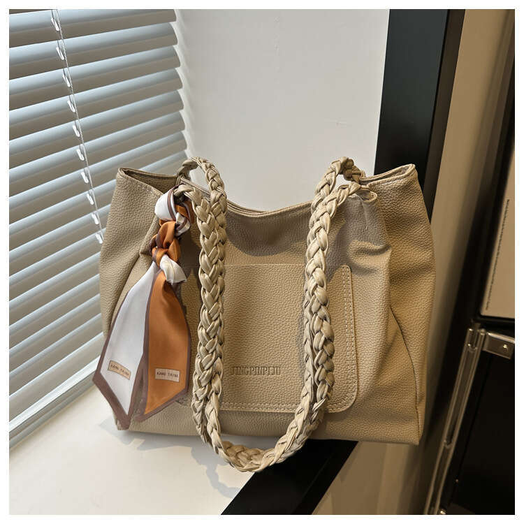 Large capacity solid color western-style silk scarf 2024 new casual women's texture commuting woven strap single shoulder tote bag