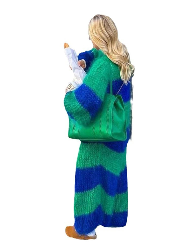 LANMREM High Street Striped Knited Cardigan For Women Lantern Sleeves Contrast Color Long Sweater Autumn Winter 2Z2559 241112