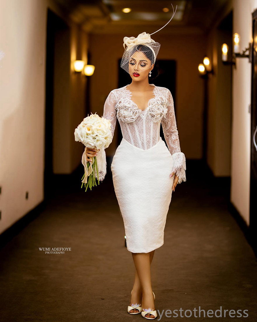 2024 Mermaid Wedding Dresses Bridal Gowns Short Wedding Gowns Illusion Long Sleeves Beaded Lace Pearls Decorated Birdal Dress for African Black Bride 