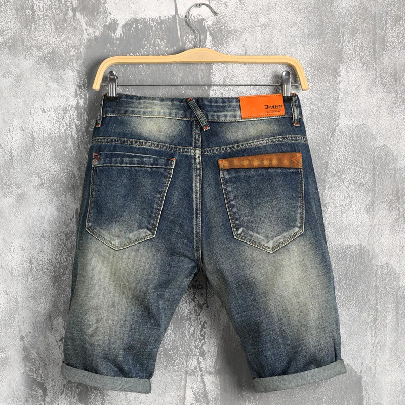 Summer Men Leather stitching Ripped Straight Jeans Short Fashion Casual Holes Bermuda Retro Cargo Denim jogger shorts 240422