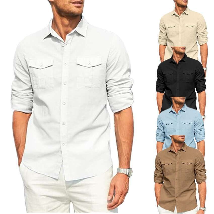 European American Men's Shirt With Double Pockets, Cotton And En Long Sleeves For Leisure Vacation B1