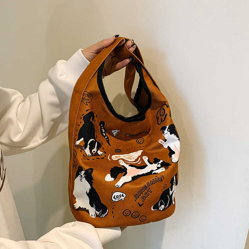 Trendy Printed Canvas Bag Maillard Style New Small Flower Dog Armpit One Shoulder Bucket Bag Women Vintage Tote Bags 241125