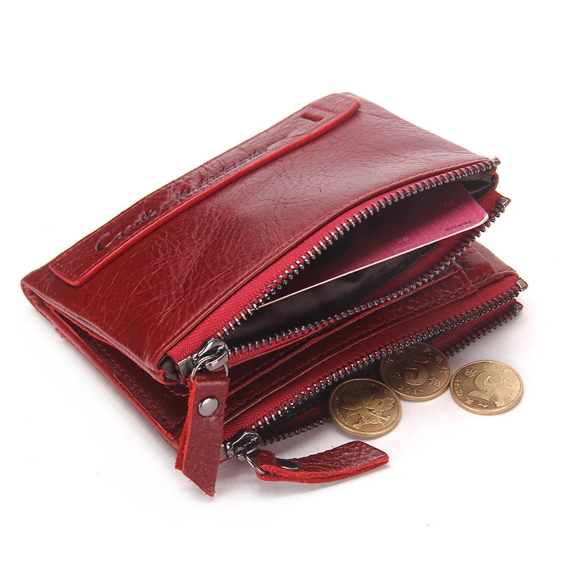 Fashion genuine leather womens wallet double fold wallet red ID card clip coin wallet double zipper small womens wallet 241125